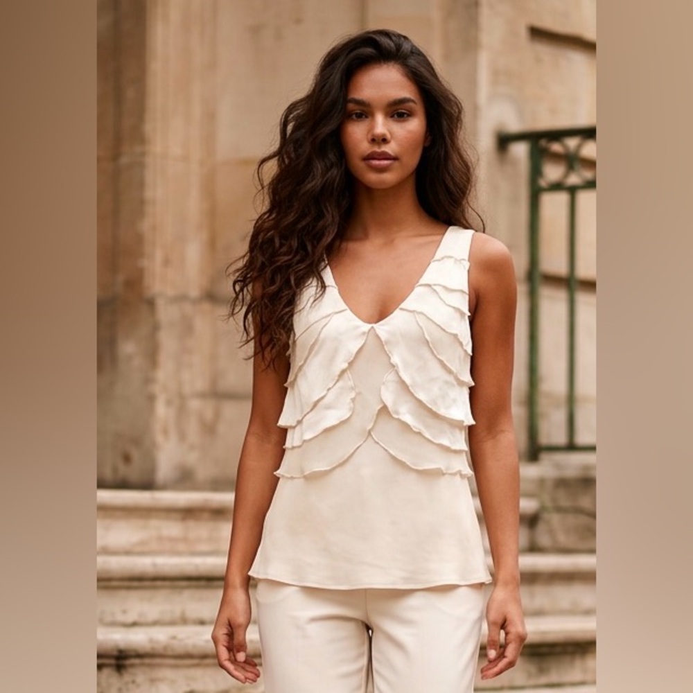 Laurel Clothing Luxury Silk XS Ruffled Ivory Tiered Top women’s US 2 feminine